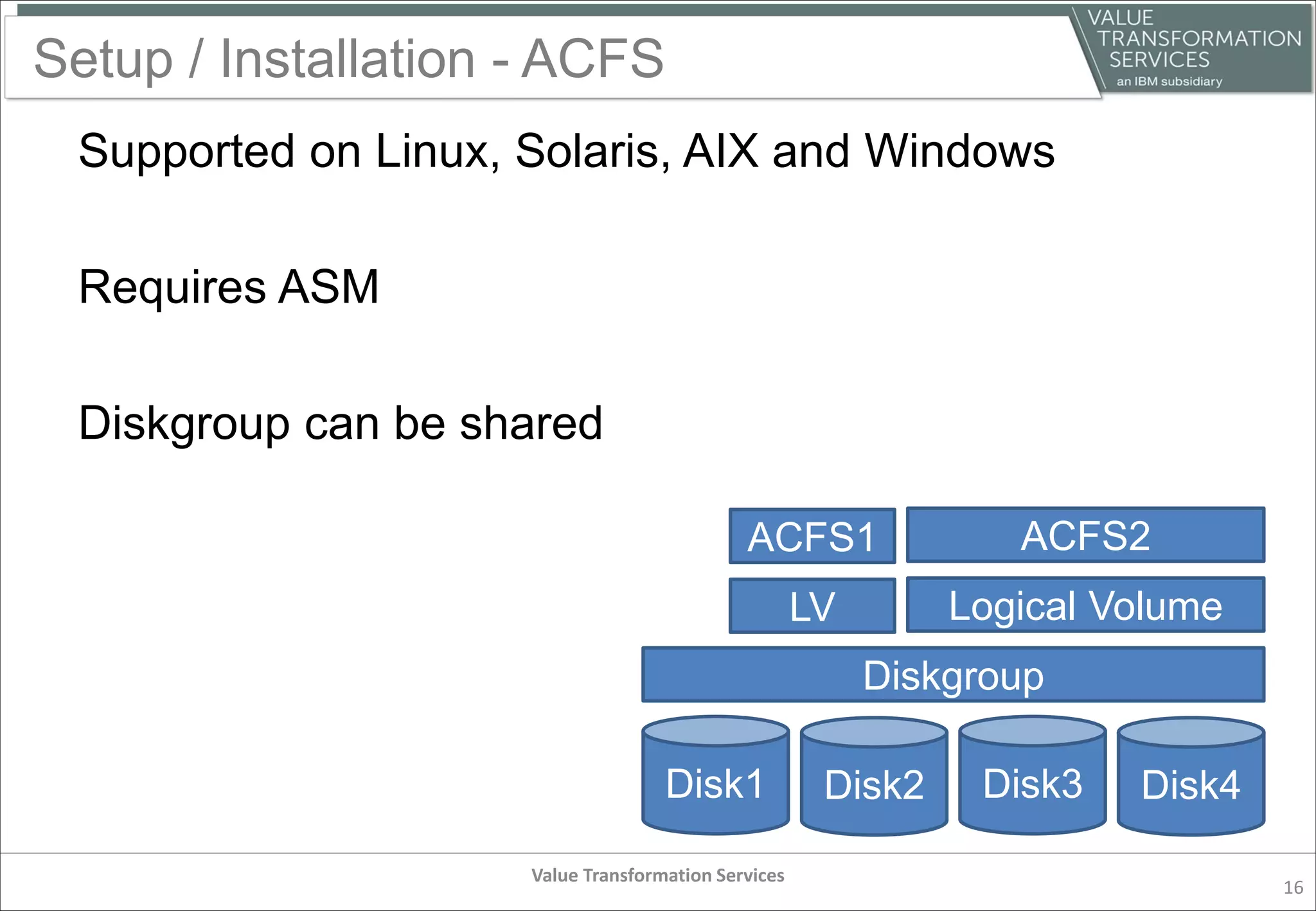 Setup / Installation - ACFS
Supported on Linux, Solaris, AIX and Windows
Requires ASM
Diskgroup can be shared
Value Transformation Services
16
Disk4Disk3Disk2Disk1
Diskgroup
Logical Volume
ACFS2
LV
ACFS1
 