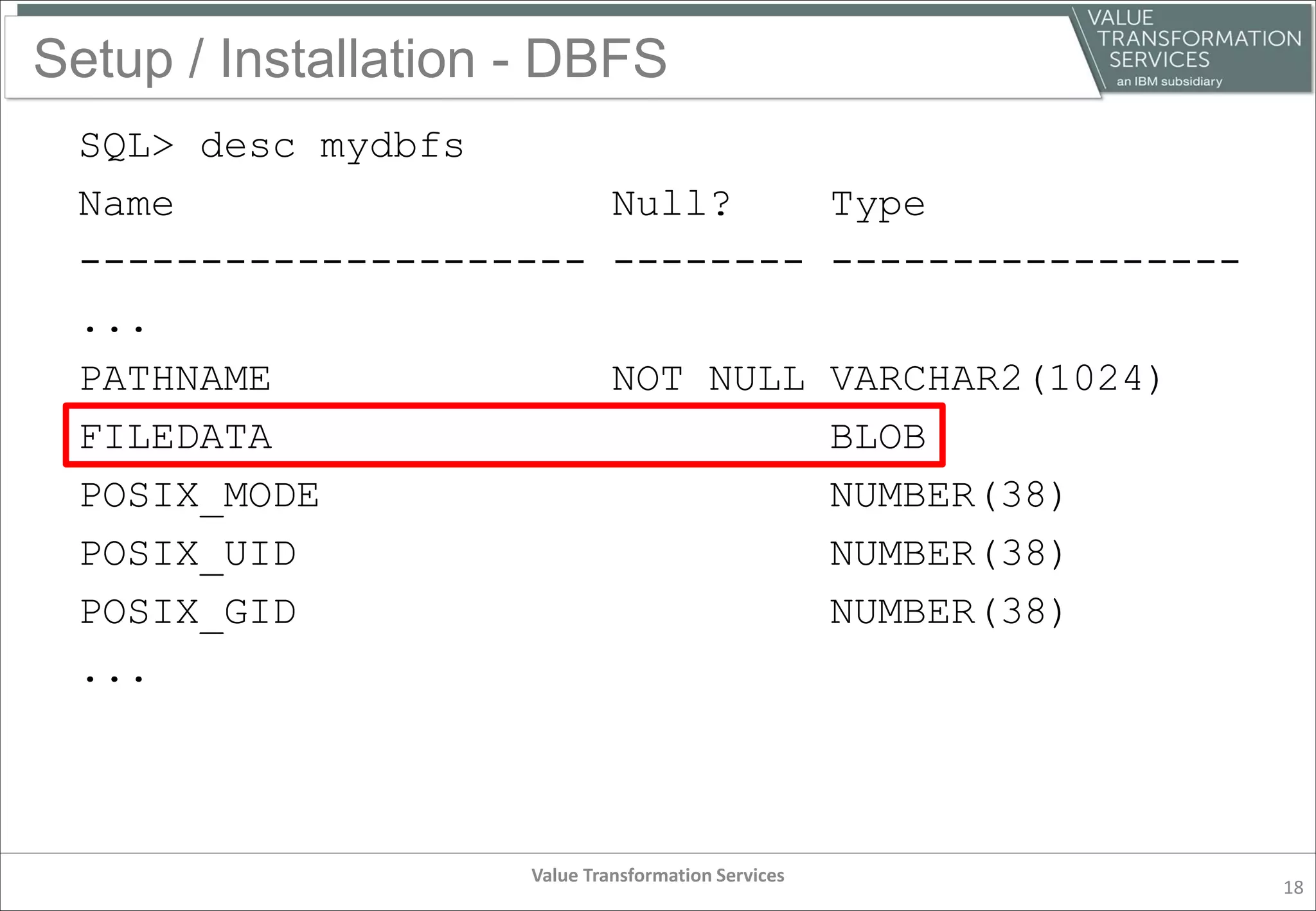 Setup / Installation - DBFS
SQL> desc mydbfs
Name Null? Type
--------------------- -------- -----------------
...
PATHNAME NOT NULL VARCHAR2(1024)
FILEDATA BLOB
POSIX_MODE NUMBER(38)
POSIX_UID NUMBER(38)
POSIX_GID NUMBER(38)
...
Value Transformation Services
18
 