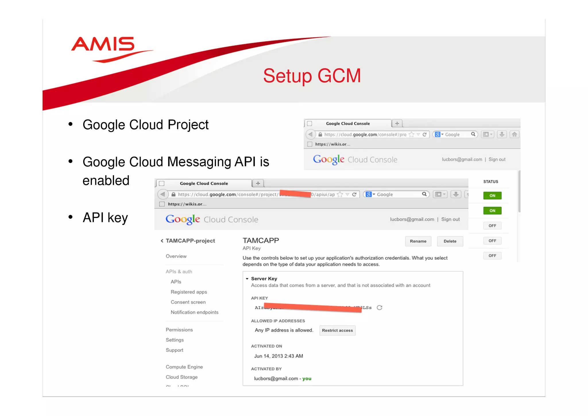 Setup GCM 
• Google Cloud Project 
• Google Cloud Messaging API is 
enabled 
• API key 
 