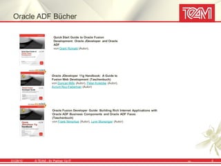 Oracle ADF Bücher

                         Quick Start Guide to Oracle Fusion
                         Development: Oracle JDeveloper and Oracle
                         ADF
                         von Grant Rolnald (Autor),




                        Oracle JDeveloper 11g Handbook: A Guide to
                        Fusion Web Development (Taschenbuch)
                        von Duncan Mills (Autor), Peter Koletzke (Autor),
                        Avrom Roy-Faderman (Autor)




                        Oracle Fusion Developer Guide: Building Rich Internet Applications with
                        Oracle ADF Business Components and Oracle ADF Faces
                        (Taschenbuch)
                        von Frank Nimphius (Autor), Lynn Munsinger (Autor)




01/28/10   © TEAM - Ihr Partner f ür IT                                                           20   4
 