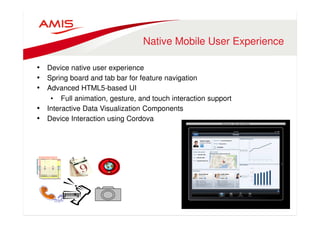 Native Mobile User Experience 
• Device native user experience 
• Spring board and tab bar for feature navigation 
• Advanced HTML5-based UI 
• Full animation, gesture, and touch interaction support 
• Interactive Data Visualization Components 
• Device Interaction using Cordova 
 