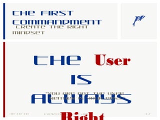 The first
commandment
Create the right
mindset
30-10-18 12Everything for Apex
The User
is
always
“You are not the user.
Neither is your Boss.”
 