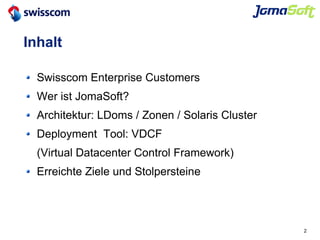 2
Inhalt
Swisscom Enterprise Customers
Wer ist JomaSoft?
Architektur: LDoms / Zonen / Solaris Cluster
Deployment Tool: VDC...