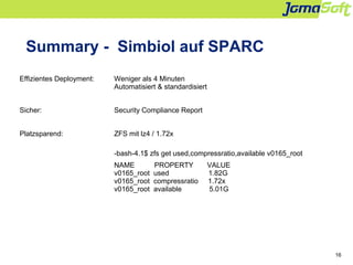16
Summary - Simbiol auf SPARC
Effizientes Deployment: Weniger als 4 Minuten
Automatisiert & standardisiert
Sicher: Securi...