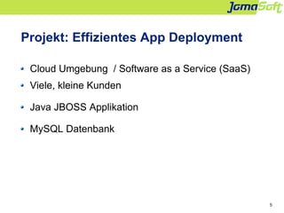 5
Projekt: Effizientes App Deployment
Cloud Umgebung / Software as a Service (SaaS)
Viele, kleine Kunden
Java JBOSS Applik...