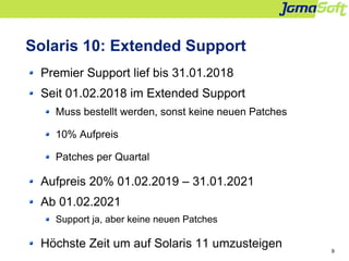 9
Solaris 10: Extended Support
Premier Support lief bis 31.01.2018
Seit 01.02.2018 im Extended Support
Muss bestellt werde...