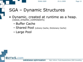 19.11.2009 DOAG 2009 Page  SGA – Dynamic Structures Dynamic, created at runtime as a heap.  (V$SGA_DYNAMIC_COMPONENTS) Buffer Cache Shared Pool  (Library Cache, Dictionary Cache) Large Pool 