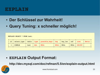 EXPLAIN
●    Der Schlüssel zur Wahrheit!
●    Query Tuning: x schneller möglich!

    EXPLAIN SELECT * FROM test;

    +­­­­+­­­­­­­­­­­­­+­­­­­­­+­­­­­­+­­­­­­­­­­­­­­­+­­­­­­+­­­­­­­­­+­­­­­­+­­­­­­­­+­­­­­­­+
    | id | select_type | table | type | possible_keys | key  | key_len | ref  | rows   | Extra |
    +­­­­+­­­­­­­­­­­­­+­­­­­­­+­­­­­­+­­­­­­­­­­­­­­­+­­­­­­+­­­­­­­­­+­­­­­­+­­­­­­­­+­­­­­­­+
    |  1 | SIMPLE      | test  | ALL  | NULL          | NULL | NULL    | NULL | 261369 |       |
    +­­­­+­­­­­­­­­­­­­+­­­­­­­+­­­­­­+­­­­­­­­­­­­­­­+­­­­­­+­­­­­­­­­+­­­­­­+­­­­­­­­+­­­­­­­+




●    EXPLAIN Output Format:
     http://dev.mysql.com/doc/refman/5.5/en/explain-output.html
                                         www.fromdual.com                                          23
 