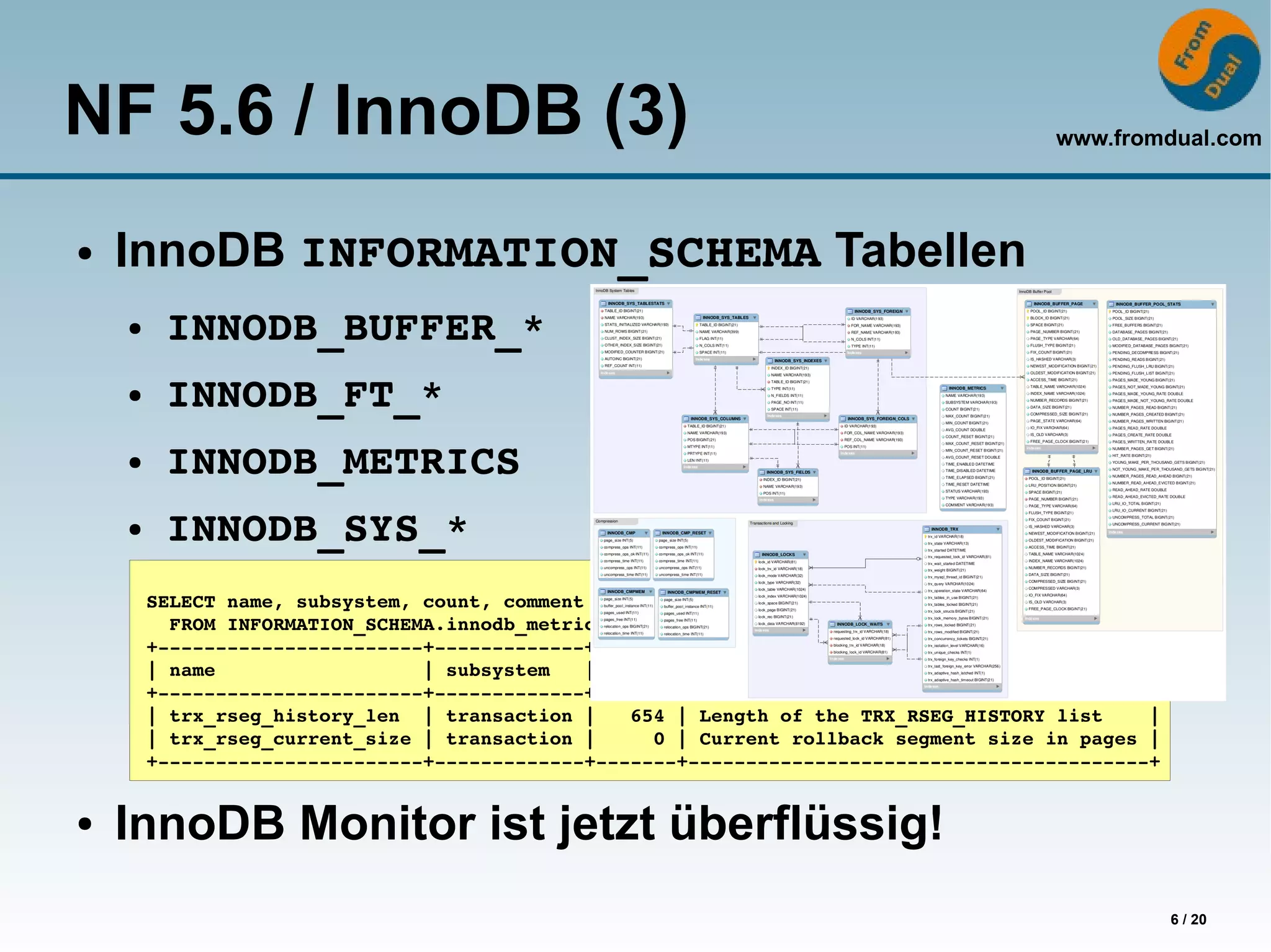 NF 5.6 / InnoDB (3)                                                                   www.fromdual.com




●   InnoDB INFORMATION_SCHEMA Tabellen
    ●    INNODB_BUFFER_*
    ●    INNODB_FT_*
    ●    INNODB_METRICS
    ●    INNODB_SYS_*
        SELECT name, subsystem, count, comment
          FROM INFORMATION_SCHEMA.innodb_metrics WHERE name LIKE '%rseg%';
        +­­­­­­­­­­­­­­­­­­­­­­­+­­­­­­­­­­­­­+­­­­­­­+­­­­­­­­­­­­­­­­­­­­­­­­­­­­­­­­­­­­­­­­+
        | name                  | subsystem   | count | comment                                |
        +­­­­­­­­­­­­­­­­­­­­­­­+­­­­­­­­­­­­­+­­­­­­­+­­­­­­­­­­­­­­­­­­­­­­­­­­­­­­­­­­­­­­­­+
        | trx_rseg_history_len  | transaction |   654 | Length of the TRX_RSEG_HISTORY list    |
        | trx_rseg_current_size | transaction |     0 | Current rollback segment size in pages |
        +­­­­­­­­­­­­­­­­­­­­­­­+­­­­­­­­­­­­­+­­­­­­­+­­­­­­­­­­­­­­­­­­­­­­­­­­­­­­­­­­­­­­­­+


●   InnoDB Monitor ist jetzt überflüssig!
                                                                                                   6 / 20
 