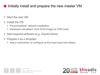2014 © Trivadis 
Initially install and prepare the new master VM 
Start the new VM 
Install the OS 
Paravirtualized: network installation 
Hardware-virtualized: from DVD-Image (or PXE boot) 
Add required software (e.g. Oracle home) 
Prepare it as a template 
Add a mechanism to configure at first boot (see next slides) 
DOAG-Konferenz 2014OVM3: Creating VM's on command line18  