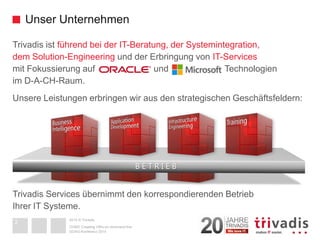 2014 © Trivadis 
Trivadis ist führend bei der IT-Beratung, der Systemintegration, dem Solution-Engineering undder Erbringung von IT-Services mit Fokussierung auf und Technologien im D-A-CH-Raum. 
Unsere Leistungen erbringen wir aus den strategischen Geschäftsfeldern: Trivadis Services übernimmt den korrespondierenden BetriebIhrer IT Systeme. 
Unser Unternehmen 
DOAG-Konferenz 2014 
OVM3: Creating VM's on command line 
B E T R I E B 
2  