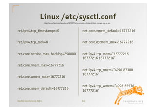 Linux /etc/sysctl.conf 
hKp://serverfault.com/quesPons/327947/set-­‐up-­‐simple-­‐infiniband-­‐block-­‐ 
storage-­‐srp-­‐or-­‐iser 
net.ipv4.tcp_timestamps=0 
net.ipv4.tcp_sack=0 
net.core.netdev_max_backlog=250000 
net.core.rmem_max=16777216 
net.core.wmem_max=16777216 
net.core.rmem_default=16777216 
net.core.wmem_default=16777216 
net.core.optmem_max=16777216 
net.ipv4.tcp_mem="16777216 
16777216 16777216" 
net.ipv4.tcp_rmem="4096 87380 
16777216" 
net.ipv4.tcp_wmem="4096 65536 
16777216" 
DOAG 
Konferenz 
2014 
44 
 