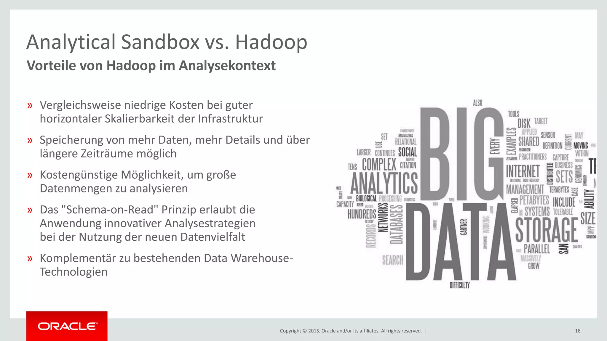 Copyright © 2015, Oracle and/or its affiliates. All rights reserved. |
» Vergleichsweise niedrige Kosten bei guter
horizontaler Skalierbarkeit der Infrastruktur
» Speicherung von mehr Daten, mehr Details und über
längere Zeiträume möglich
» Kostengünstige Möglichkeit, um große
Datenmengen zu analysieren
» Das "Schema-on-Read" Prinzip erlaubt die
Anwendung innovativer Analysestrategien
bei der Nutzung der neuen Datenvielfalt
» Komplementär zu bestehenden Data Warehouse-
Technologien
18
Vorteile von Hadoop im Analysekontext
Analytical Sandbox vs. Hadoop
 