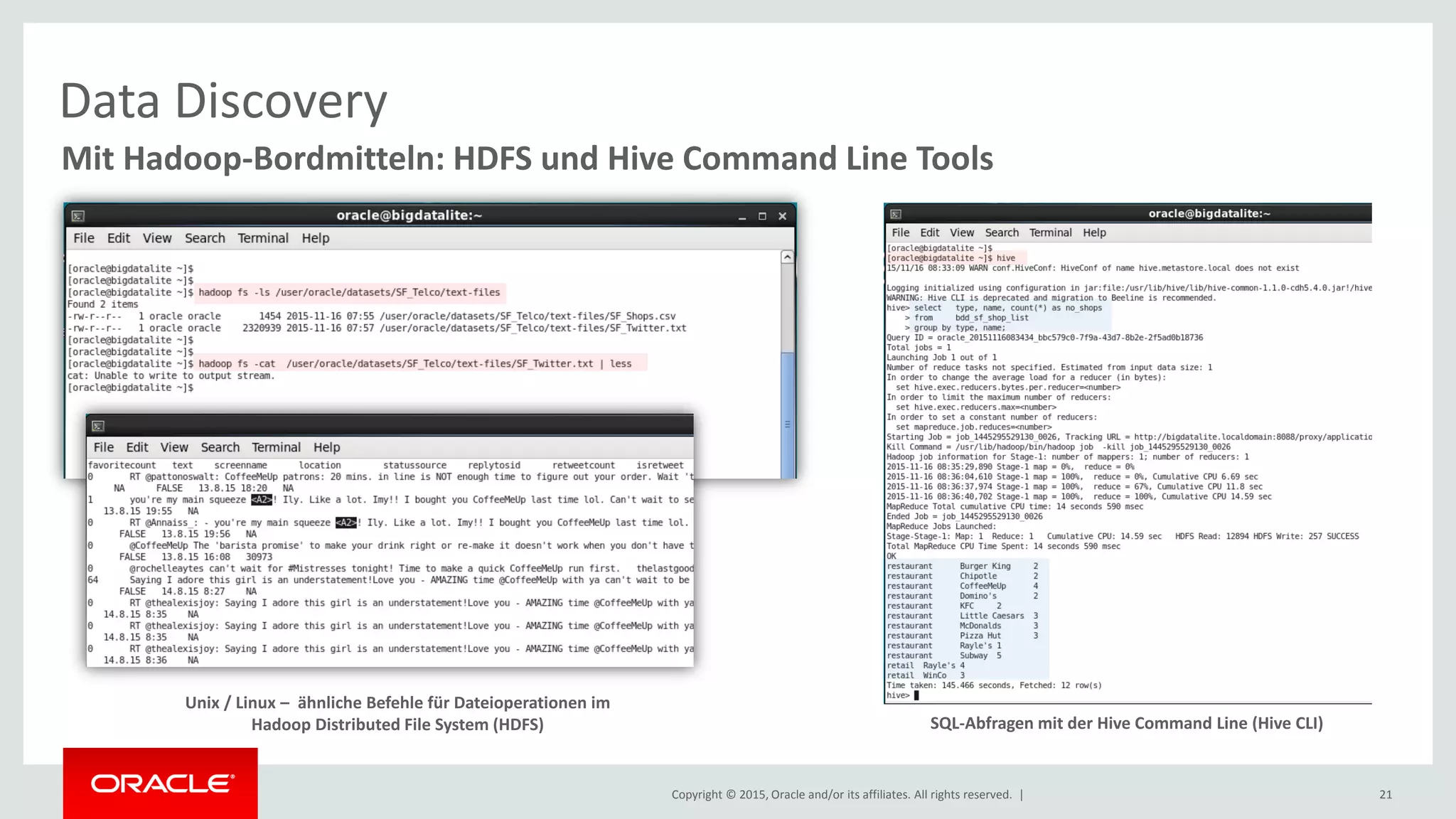 Copyright © 2015, Oracle and/or its affiliates. All rights reserved. | 21
Mit Hadoop-Bordmitteln: HDFS und Hive Command Line Tools
Data Discovery
Unix / Linux – ähnliche Befehle für Dateioperationen im
Hadoop Distributed File System (HDFS) SQL-Abfragen mit der Hive Command Line (Hive CLI)
 