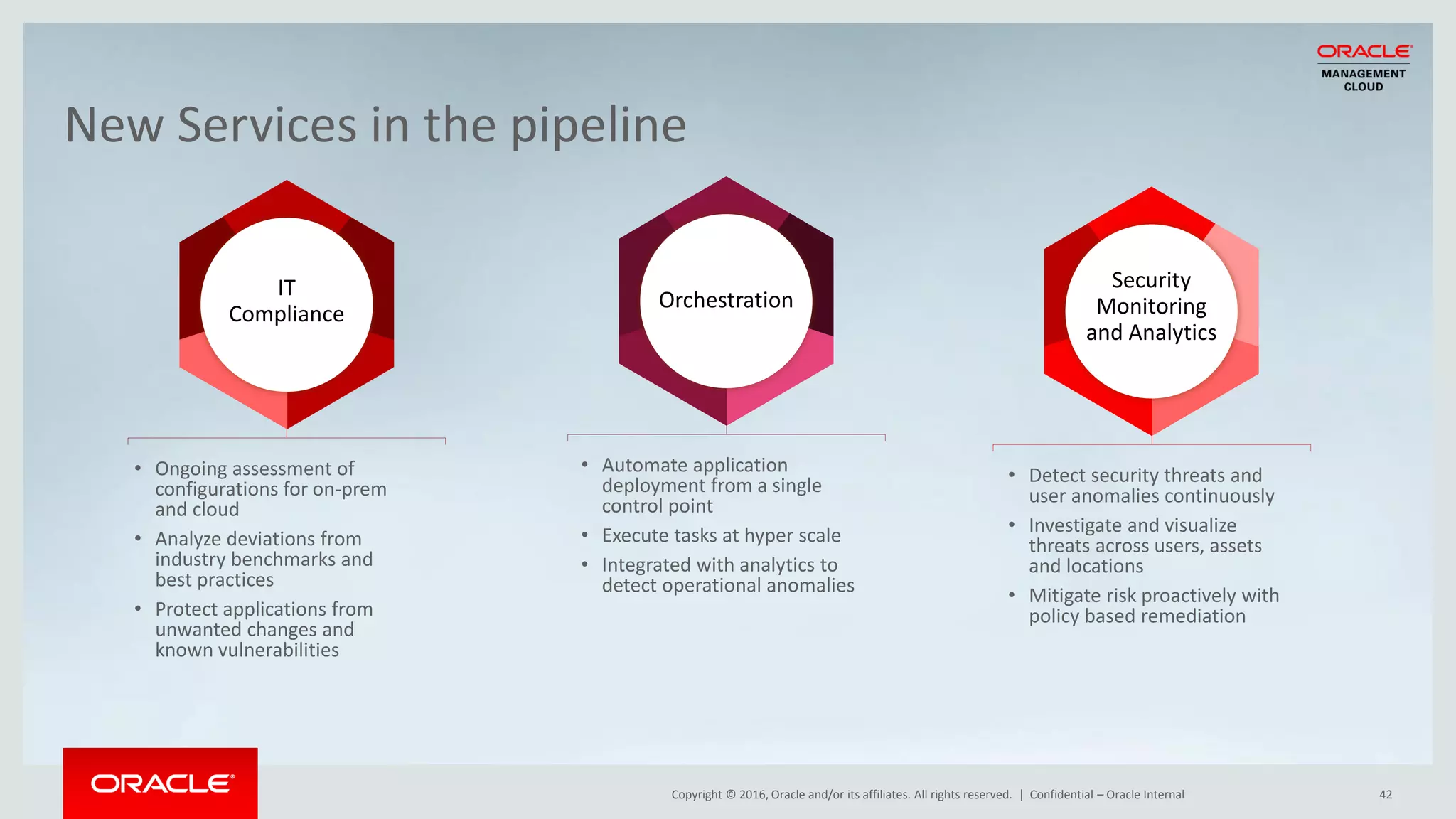 Copyright © 2016, Oracle and/or its affiliates. All rights reserved. | Confidential – Oracle Internal 42
New Services in the pipeline
IT
Compliance
• Ongoing assessment of
configurations for on-prem
and cloud
• Analyze deviations from
industry benchmarks and
best practices
• Protect applications from
unwanted changes and
known vulnerabilities
• Detect security threats and
user anomalies continuously
• Investigate and visualize
threats across users, assets
and locations
• Mitigate risk proactively with
policy based remediation
Security
Monitoring
and Analytics
• Automate application
deployment from a single
control point
• Execute tasks at hyper scale
• Integrated with analytics to
detect operational anomalies
Orchestration
 