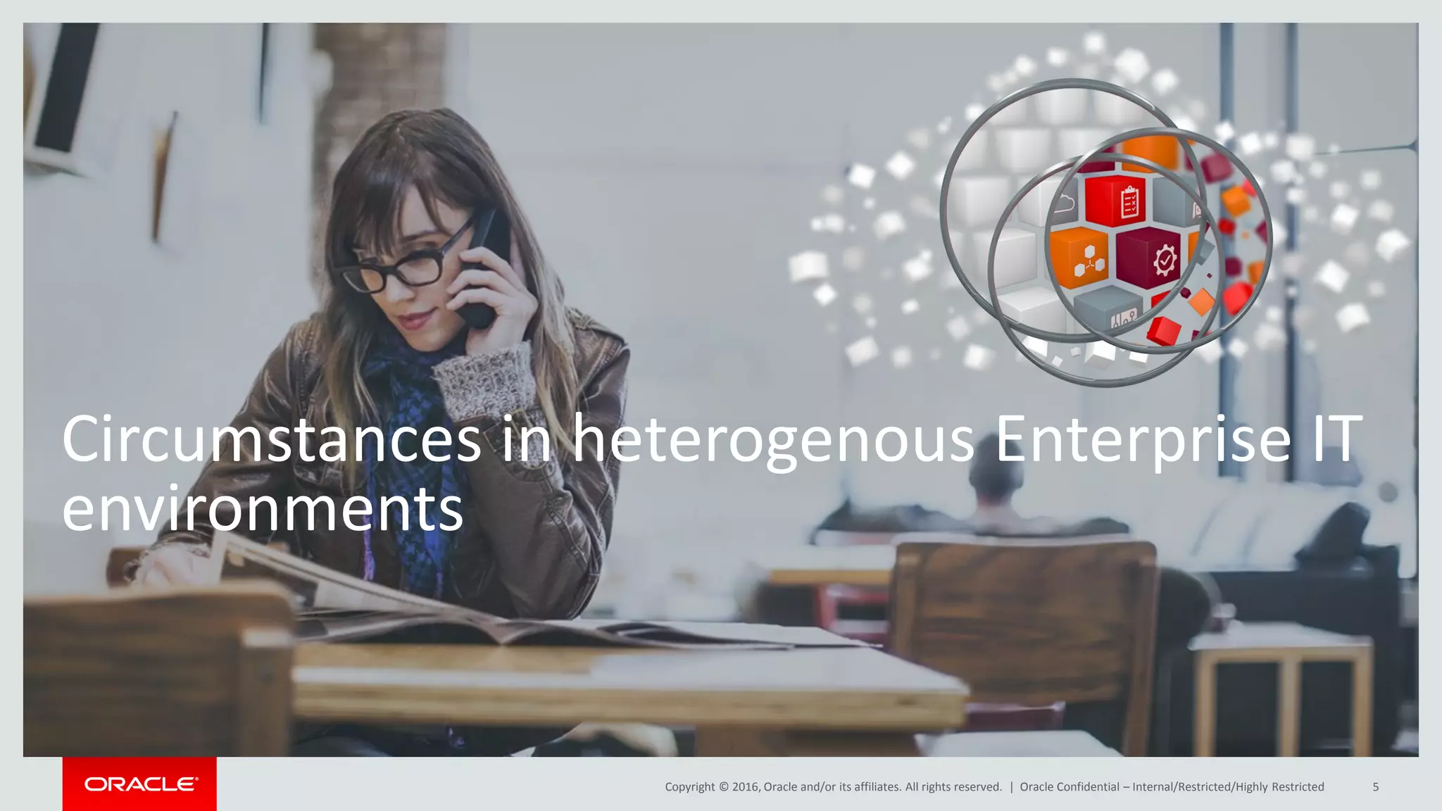 Copyright © 2016, Oracle and/or its affiliates. All rights reserved. |
Circumstances in heterogenous Enterprise IT
environments
Oracle Confidential – Internal/Restricted/Highly Restricted 5
 