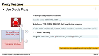Seite 44Gunther Pippèrr © 2018 http://www.pipperr.de
Proxy Feature
▪ Use Oracle Proxy
Personal Schema
PERSONAL_USER
TECHNI...