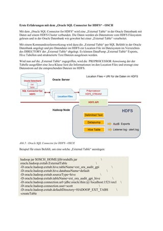 Erste Erfahrungen mit dem „Oracle SQL Connector for HDFS“ - OSCH
Mit dem „Oracle SQL Connector for HDFS" wird eine „External Table“ in der Oracle Datenbank mit
Daten auf einem HDFS Cluster verbunden. Die Daten werden als Datenstrom vom HDFS Filesystem
gelesen und in der Oracle Datenbank wie gewohnt bei einer „External Table“ verarbeitet.
Mit einem Kommandozeilenwerkzeug wird dazu die „External Table“ per SQL Befehlt in der Oracle
Datenbank angelegt und pro Datendatei im HDFS ein Location File im Dateisystem im Verzeichnis
des DIRECTORY der „External Table“ abgelegt. Es können DataPump „External Table“ Exports,
Hive Tabellen und strukturierte Text Dateien ausgelesen werden.
Wird nun auf die „External Table“ zugegriffen, wird die PREPROCESSOR Anweisung der der
Tabelle ausgeführt eine Java Klasse liest die Informationen im den Location Files und erzeugt eine
Datenstrom auf die entsprechenden Dateien im HDFS.
Abb.5 : Oracle SQL Connector for HDFS - OSCH
Beispiel für einen Befehlt, um eine solche „External Table“ anzulegen:
hadoop jar $OSCH_HOME/jlib/orahdfs.jar 
oracle.hadoop.exttab.ExternalTable 
-D oracle.hadoop.exttab.hive.tableName=ext_ora_audit_gpi 
-D oracle.hadoop.exttab.hive.databaseName=default 
-D oracle.hadoop.exttab.sourceType=hive 
-D oracle.hadoop.exttab.tableName=ext_ora_audit_gpi_hive 
-D oracle.hadoop.connection.url=jdbc:oracle:thin:@//localhost:1521/orcl 
-D oracle.hadoop.connection.user=scott 
-D oracle.hadoop.exttab.defaultDirectory=HADOOP_EXT_TABS 
-createTable
 