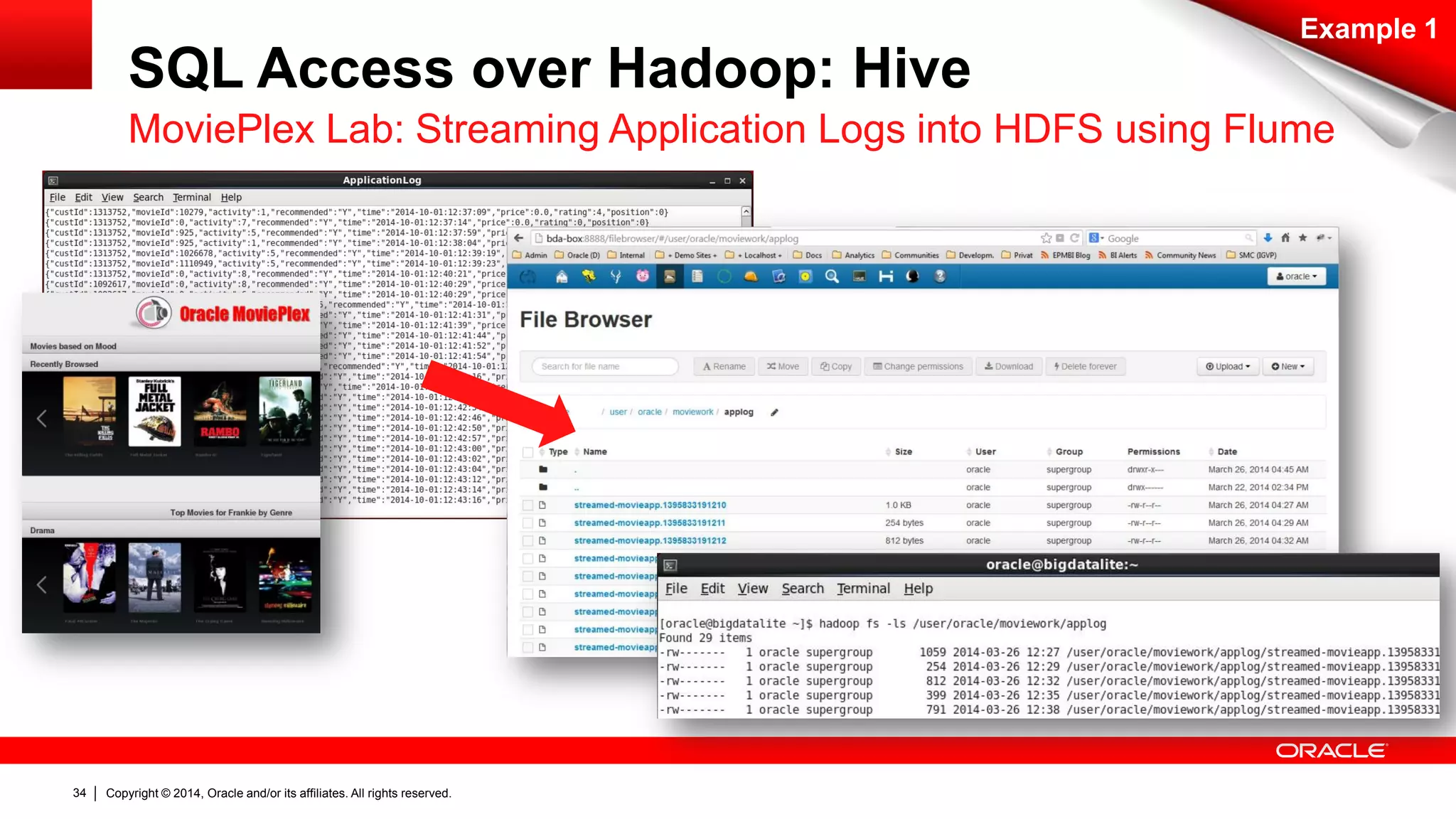 Copyright © 2014, Oracle and/or its affiliates. 34 All rights reserved. 
SQL Access over Hadoop: Hive 
Example 1 
MoviePlex Lab: Streaming Application Logs into HDFS using Flume 
 