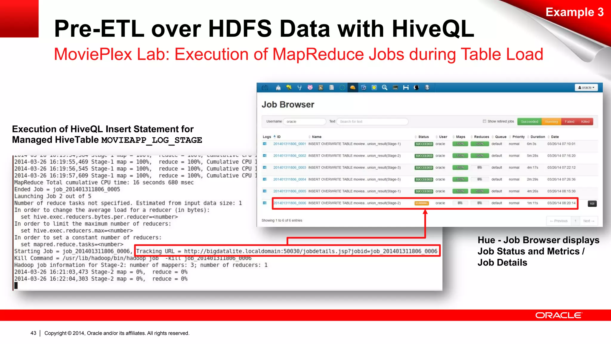 Copyright © 2014, Oracle and/or its affiliates. 43 All rights reserved. 
Example 3 
Pre-ETL over HDFS Data with HiveQL 
MoviePlex Lab: Execution of MapReduce Jobs during Table Load 
Execution of HiveQL Insert Statement for 
Managed HiveTable MOVIEAPP_LOG_STAGE 
Hue - Job Browser displays 
Job Status and Metrics / 
Job Details 
 