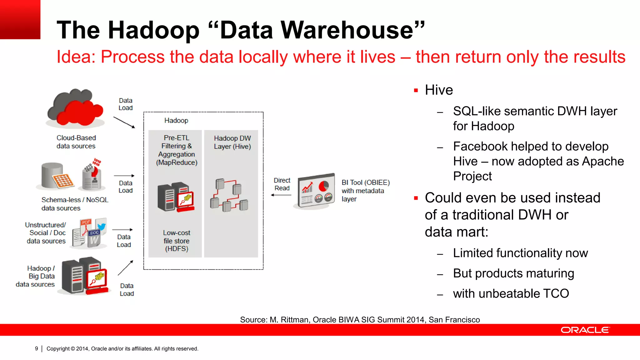 Copyright © 2014, Oracle and/or its affiliates. 9 All rights reserved. 
The Hadoop “Data Warehouse” 
Idea: Process the data locally where it lives – then return only the results 
 Hive 
– SQL-like semantic DWH layer 
for Hadoop 
– Facebook helped to develop 
Hive – now adopted as Apache 
Project 
 Could even be used instead 
of a traditional DWH or 
data mart: 
– Limited functionality now 
– But products maturing 
– with unbeatable TCO 
Source: M. Rittman, Oracle BIWA SIG Summit 2014, San Francisco 
 