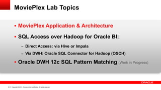 Copyright © 2014, Oracle and/or its affiliates. 23 All rights reserved. 
MoviePlex Lab Topics 
 MoviePlex Application & Architecture 
 SQL Access over Hadoop for Oracle BI: 
– Direct Access: via Hive or Impala 
– Via DWH: Oracle SQL Connector for Hadoop (OSCH) 
 Oracle DWH 12c SQL Pattern Matching (Work in Progress) 
 