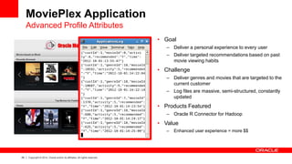 29 
Copyright © 2014, Oracle and/or its affiliates. All rights reserved. 
MoviePlex Application Advanced Profile Attributes 
•Goal 
–Deliver a personal experience to every user 
–Deliver targeted recommendations based on past movie viewing habits 
•Challenge 
–Deliver genres and movies that are targeted to the current customer 
–Log files are massive, semi-structured, constantly updated 
•Products Featured 
–Oracle R Connector for Hadoop 
•Value 
–Enhanced user experience = more $$  