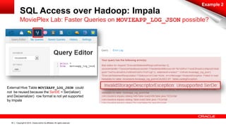 Copyright © 2014, Oracle and/or its affiliates. 39 All rights reserved. 
SQL Access over Hadoop: Impala 
Example 2 
MoviePlex Lab: Faster Queries on MOVIEAPP_LOG_JSON possible? 
External Hive Table MOVIEAPP_LOG_JSON could 
not be reused because the SerDE = Ser(ializer) 
and De(serializer) row format is not yet supported 
by Impala 
 