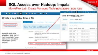 Copyright © 2014, Oracle and/or its affiliates. 40 All rights reserved. 
SQL Access over Hadoop: Impala 
Example 2 
MoviePlex Lab: Create Managed Table MOVIEAPP_LOG_CSV 
Managed Hive Table 
MOVIEAPP_LOG_CSV is 
here created with Hue an 
open source web-based 
interface for Apache 
Hadoop. 
 