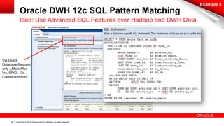 Copyright © 2014, Oracle and/or its affiliates. 48 All rights reserved. 
Via Direct 
Database Request 
only („MoviePlex 
Inc. ORCL 12c 
Connection Pool” 
Example 5 
Oracle DWH 12c SQL Pattern Matching 
Idea: Use Advanced SQL Features over Hadoop and DWH Data 
 