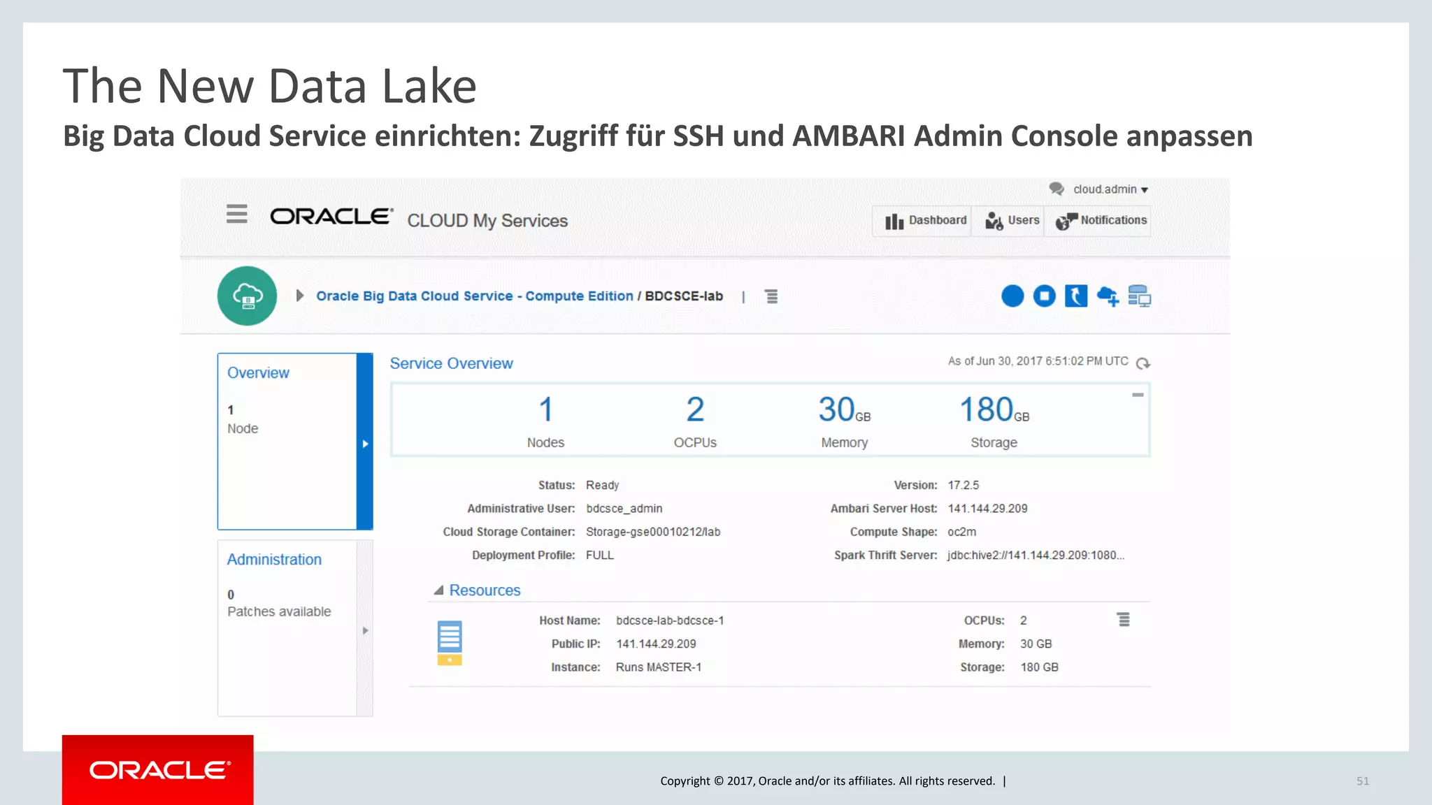 Copyright © 2017, Oracle and/or its affiliates. All rights reserved. | 51
Big Data Cloud Service einrichten: Zugriff für SSH und AMBARI Admin Console anpassen
The New Data Lake
 