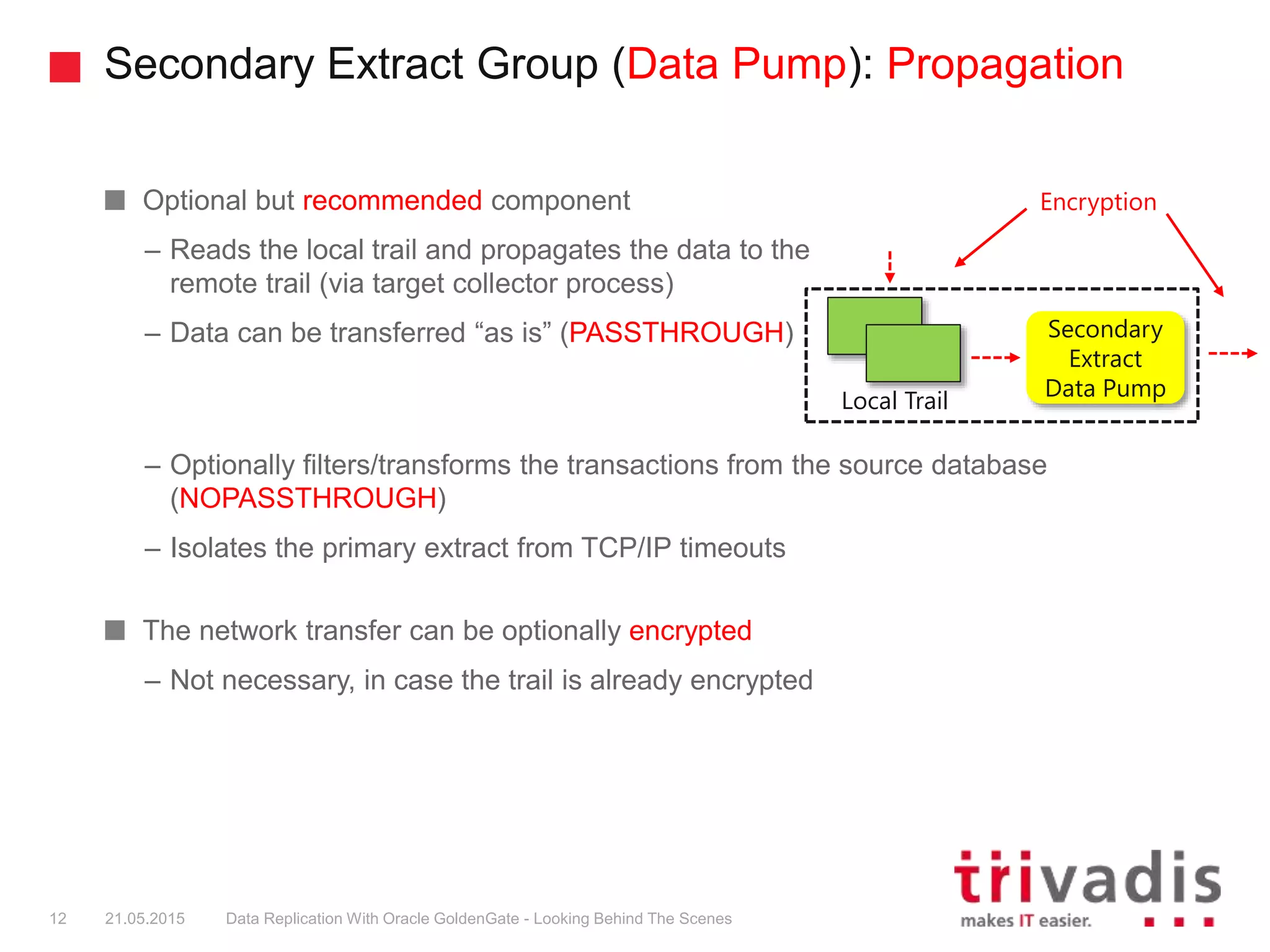 Secondary Extract Group (Data Pump): Propagation
Optional but recommended component
– Reads the local trail and propagates the data to the
remote trail (via target collector process)
– Data can be transferred “as is” (PASSTHROUGH)
– Optionally filters/transforms the transactions from the source database
(NOPASSTHROUGH)
– Isolates the primary extract from TCP/IP timeouts
The network transfer can be optionally encrypted
– Not necessary, in case the trail is already encrypted
12 21.05.2015 Data Replication With Oracle GoldenGate - Looking Behind The Scenes
Encryption
Secondary
Extract
Data Pump
Local Trail
 