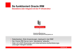 So funktioniert Oracle IRM
 Standalone oder integriert mit der IT Infrastruktur




                                Oracle IRM Server




                             Enterprise Authentisierung,
                             directories, CRM Systeme PLM_Systeme, etc.




• Datenbanken, Web Anwendungen, deployed in der DMZ
• Der Oracle IRM Server kann “standalone” ablaufen
• Oder mit LDAP-Directories und Unternehmens-Authentisierungs-
  Lösungen intergiert werden
 