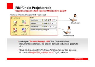 IRM für die Projektarbeit
       Projektmanagerin erteilt externer Mitarbeiterin Zugriff
Context: ProduktDesign2011 Top Secret
Documents                                Roles
                                         Contributor

                                         Reviewer                       Olive Green
     Sales
    direction    Design2011 Ziele.sxls
                                         Item Reader

                                         Reader (no print)

 2011 Business      Design2011_
   Plan.sppt        concept.sdoc
                                                               Amanda Violet


                • Im Projekt “Produkt-Design 2011” von Olive sind viele
                  Dokumente entstanden, die alle mit demselben Kontext geschützt
                  sind.
                • Olive möchte, dass Ihre Vertraute Amanda nur auf das Concept-
                  Document Design2011_concept.sdoc Zugriff bekommt.
 