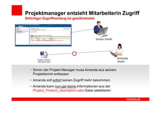 Projektmanager entzieht Mitarbeiterin Zugriff
Sofortiger Zugriffsentzug ist gewährleistet




                                              Simon Smith




       Project_Product_
                                                            Amanda
       description.sdoc                                     Violet


   • Simon der Projekt-Manager muss Amanda aus seinem
     Projekttermin entlassen
   • Amanda soll sofort keinen Zugriff mehr bekommen.
   • Amanda kann nun gar keine Informationen aus der
     Project_Product_description.sdoc Datei selektieren
 