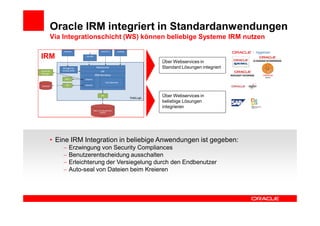 Oracle IRM integriert in Standardanwendungen
 Via Integrationschicht (WS) können beliebige Systeme IRM nutzen

IRM
                                       Über Webservices in
                                       Standard Lösungen integriert




                                       Über Webservices in
                                       beliebige Lösungen
                                       integrieren




 • Eine IRM Integration in beliebige Anwendungen ist gegeben:
       Erzwingung von Security Compliances
       Benutzerentscheidung ausschalten
       Erleichterung der Versiegelung durch den Endbenutzer
       Auto-seal von Dateien beim Kreieren
 