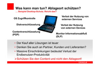 Was kann man tun? Ablageort schützen?
  … Beispiel Desktop-Schutz. Reicht das?

                                           Verbot der Nutzung von
OS Zugriffkontrolle                        externen Services

   Diskverschlüsselung                     Verbot der Nutzung
                                           von externen Devices
Contentverschlüsselung
(PGP)                                  Monitor Informationsabfluß
                                       (DLP)

 • Der Kauf aller Lösungen ist teuer
 • Denken Sie auch an Partner, Kunden und Lieferanten?
 • Massive Einschränkungen bedeutet Verlust der
   Endbenutzer-Produktivität
   Schützen Sie den Content und nicht den Ablageort!
 
