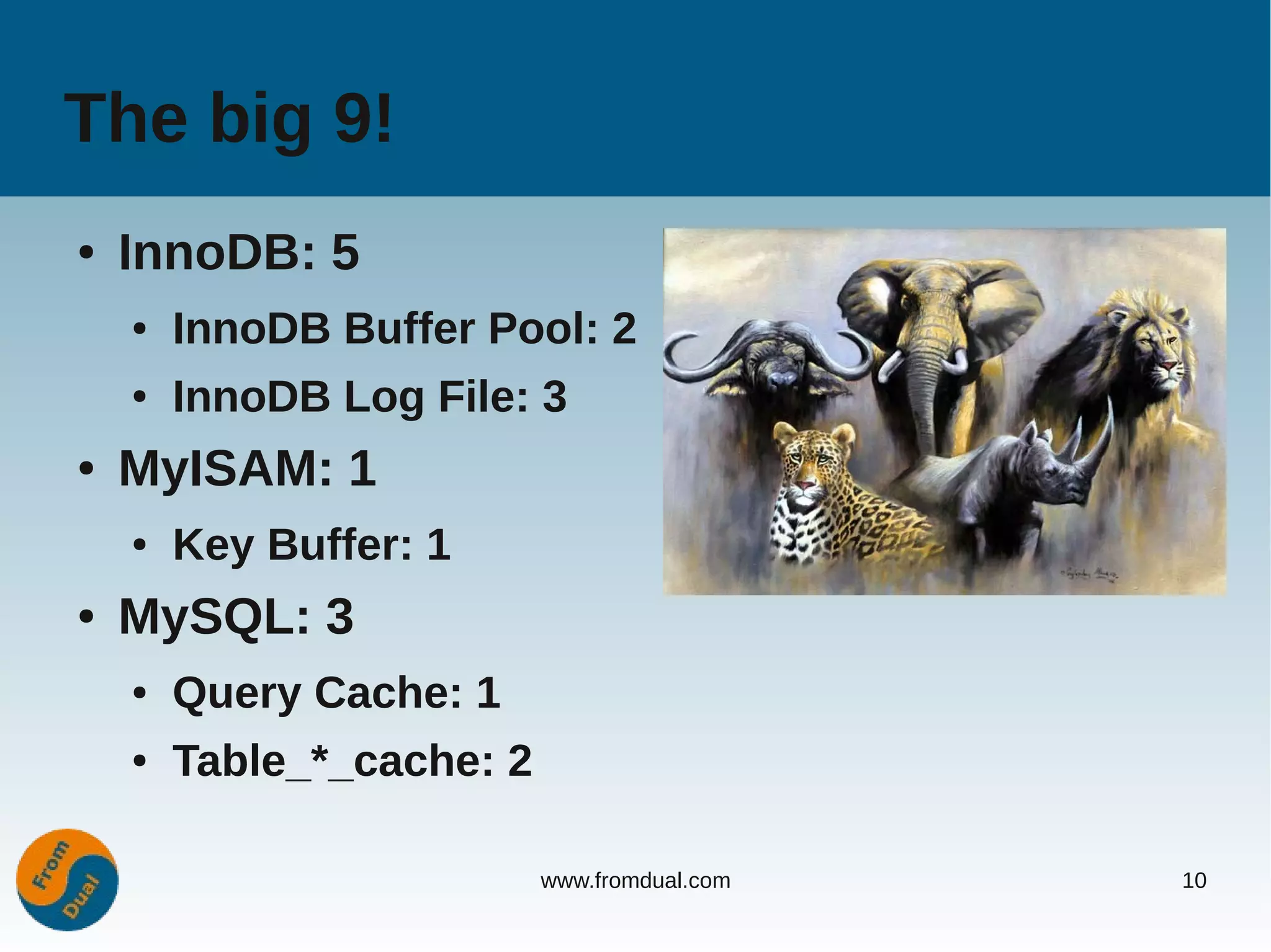 The big 9!
●   InnoDB: 5
    ●   InnoDB Buffer Pool: 2
    ●   InnoDB Log File: 3
●   MyISAM: 1
    ●   Key Buffer: 1
●   MySQL: 3
    ●   Query Cache: 1
    ●   Table_*_cache: 2

                           www.fromdual.com   10
 