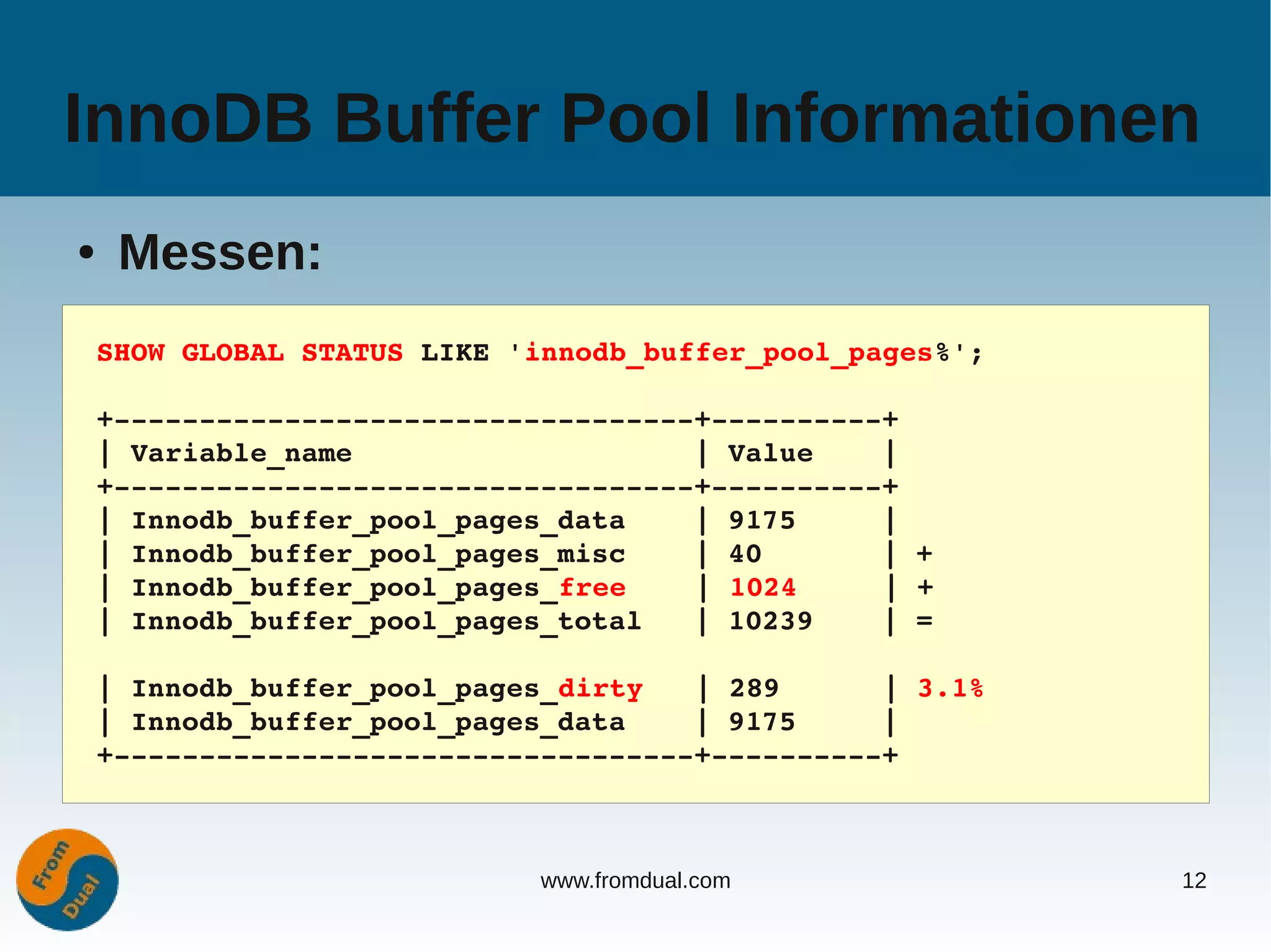 InnoDB Buffer Pool Informationen
●    Messen:
    SHOW GLOBAL STATUS LIKE 'innodb_buffer_pool_pages%';

    +­­­­­­­­­­­­­­­­­­­­­­­­­­­­­­­­­­+­­­­­­­­­­+
    | Variable_name                    | Value    |
    +­­­­­­­­­­­­­­­­­­­­­­­­­­­­­­­­­­+­­­­­­­­­­+
    | Innodb_buffer_pool_pages_data    | 9175     |
    | Innodb_buffer_pool_pages_misc    | 40       | +
    | Innodb_buffer_pool_pages_free    | 1024     | +
    | Innodb_buffer_pool_pages_total   | 10239    | =

    | Innodb_buffer_pool_pages_dirty   | 289      | 3.1%
    | Innodb_buffer_pool_pages_data    | 9175     |
    +­­­­­­­­­­­­­­­­­­­­­­­­­­­­­­­­­­+­­­­­­­­­­+



                             www.fromdual.com              12
 