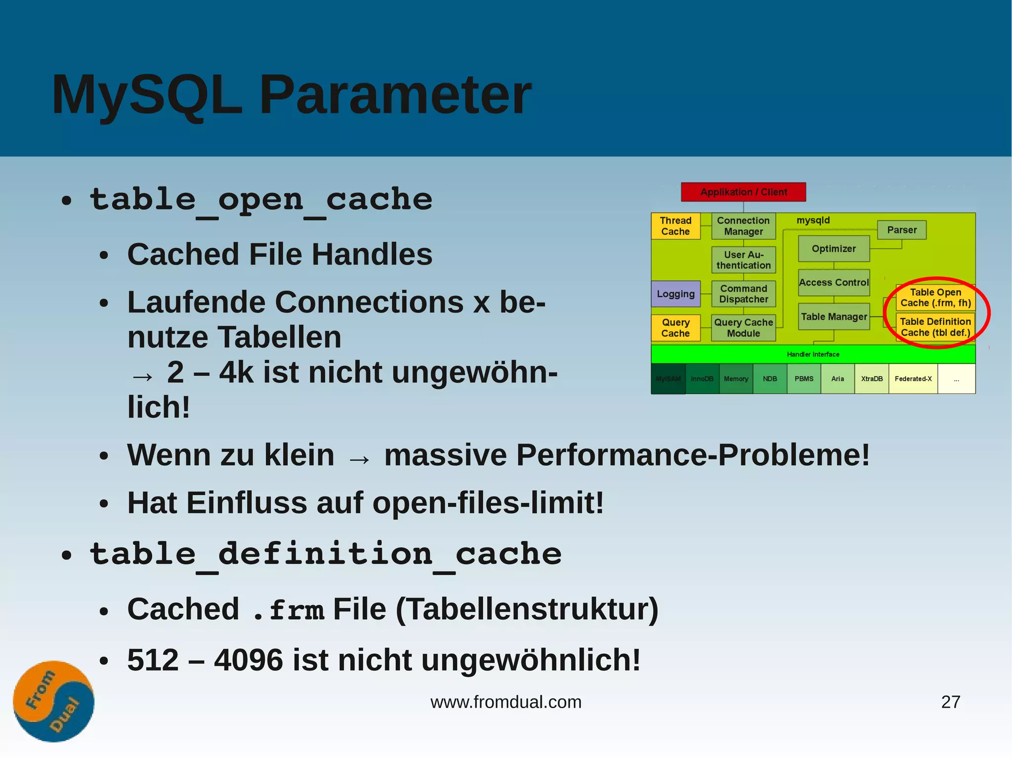 MySQL Parameter
●   table_open_cache
    ●   Cached File Handles
    ●   Laufende Connections x be-
        nutze Tabellen
        → 2 – 4k ist nicht ungewöhn-
        lich!
    ●   Wenn zu klein → massive Performance-Probleme!
    ●   Hat Einfluss auf open-files-limit!
●   table_definition_cache
    ●   Cached .frm File (Tabellenstruktur)
    ●   512 – 4096 ist nicht ungewöhnlich!
                             www.fromdual.com           27
 