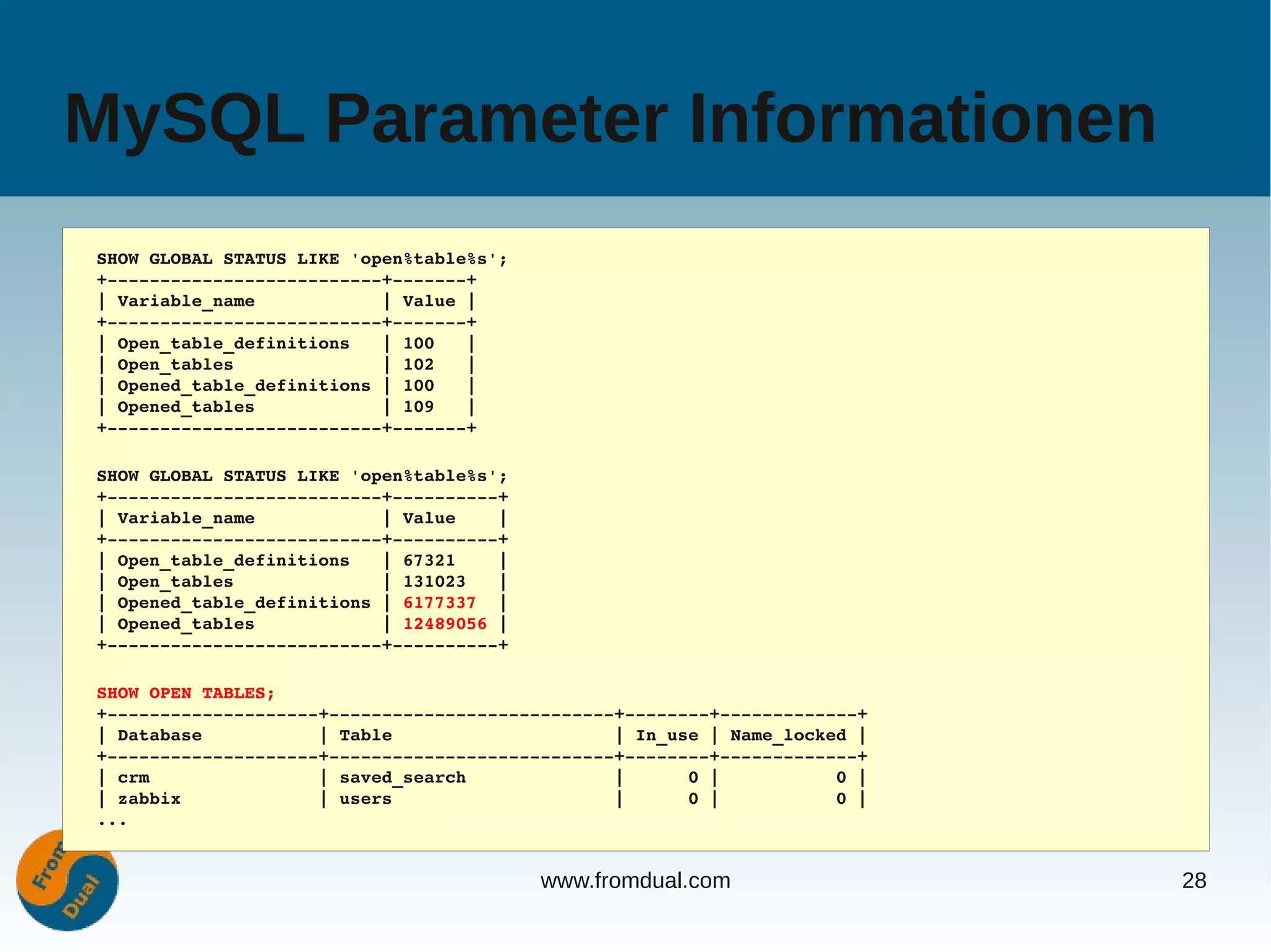 MySQL Parameter Informationen
SHOW GLOBAL STATUS LIKE 'open%table%s';
+­­­­­­­­­­­­­­­­­­­­­­­­­­+­­­­­­­+
| Variable_name            | Value |
+­­­­­­­­­­­­­­­­­­­­­­­­­­+­­­­­­­+
| Open_table_definitions   | 100   |
| Open_tables              | 102   |
| Opened_table_definitions | 100   |
| Opened_tables            | 109   |
+­­­­­­­­­­­­­­­­­­­­­­­­­­+­­­­­­­+

SHOW GLOBAL STATUS LIKE 'open%table%s';
+­­­­­­­­­­­­­­­­­­­­­­­­­­+­­­­­­­­­­+
| Variable_name            | Value    |
+­­­­­­­­­­­­­­­­­­­­­­­­­­+­­­­­­­­­­+
| Open_table_definitions   | 67321    |
| Open_tables              | 131023   |
| Opened_table_definitions | 6177337  |
| Opened_tables            | 12489056 |
+­­­­­­­­­­­­­­­­­­­­­­­­­­+­­­­­­­­­­+

SHOW OPEN TABLES;
+­­­­­­­­­­­­­­­­­­­­+­­­­­­­­­­­­­­­­­­­­­­­­­­­+­­­­­­­­+­­­­­­­­­­­­­+
| Database           | Table                     | In_use | Name_locked |
+­­­­­­­­­­­­­­­­­­­­+­­­­­­­­­­­­­­­­­­­­­­­­­­­+­­­­­­­­+­­­­­­­­­­­­­+
| crm                | saved_search              |      0 |           0 |
| zabbix             | users                     |      0 |           0 |
...


                                          www.fromdual.com                  28
 