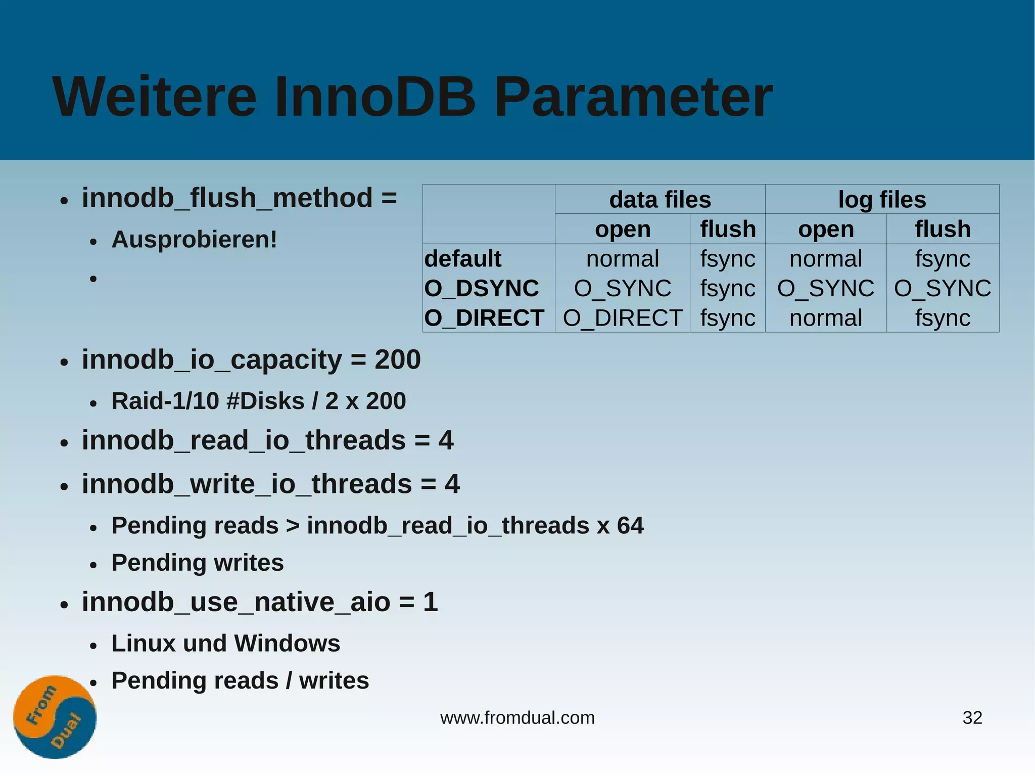 Weitere InnoDB Parameter
●   innodb_flush_method =                        data files         log files
    ●   Ausprobieren!                           open      flush  open       flush
                                     default   normal     fsync normal      fsync
    ●
                                     O_DSYNC O_SYNC fsync O_SYNC O_SYNC
                                     O_DIRECT O_DIRECT fsync normal         fsync
●   innodb_io_capacity = 200
    ●   Raid-1/10 #Disks / 2 x 200
●   innodb_read_io_threads = 4
●   innodb_write_io_threads = 4
    ●   Pending reads > innodb_read_io_threads x 64
    ●   Pending writes
●   innodb_use_native_aio = 1
    ●   Linux und Windows
    ●   Pending reads / writes
                                      www.fromdual.com                        32
 