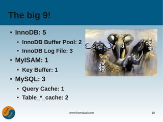 The big 9!
●   InnoDB: 5
    ●   InnoDB Buffer Pool: 2
    ●   InnoDB Log File: 3
●   MyISAM: 1
    ●   Key Buffer: 1
●   MySQL: 3
    ●   Query Cache: 1
    ●   Table_*_cache: 2

                           www.fromdual.com   10
 