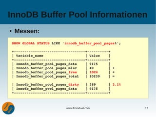 InnoDB Buffer Pool Informationen
●    Messen:
    SHOW GLOBAL STATUS LIKE 'innodb_buffer_pool_pages%';

    +­­­­­­­­­­­­­­­­­­­­­­­­­­­­­­­­­­+­­­­­­­­­­+
    | Variable_name                    | Value    |
    +­­­­­­­­­­­­­­­­­­­­­­­­­­­­­­­­­­+­­­­­­­­­­+
    | Innodb_buffer_pool_pages_data    | 9175     |
    | Innodb_buffer_pool_pages_misc    | 40       | +
    | Innodb_buffer_pool_pages_free    | 1024     | +
    | Innodb_buffer_pool_pages_total   | 10239    | =

    | Innodb_buffer_pool_pages_dirty   | 289      | 3.1%
    | Innodb_buffer_pool_pages_data    | 9175     |
    +­­­­­­­­­­­­­­­­­­­­­­­­­­­­­­­­­­+­­­­­­­­­­+



                             www.fromdual.com              12
 