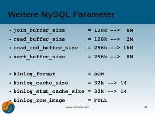 Weitere MySQL Parameter
●   join_buffer_size       = 128k ­­>  8M
●   read_buffer_size       = 128k ­­>  2M
●   read_rnd_buffer_size   = 256k ­­> 16M
●   sort_buffer_size       = 256k ­­>  8M


●   binlog_format          = ROW
●   binlog_cache_size      = 32k ­­> 1M
●   binlog_stmt_cache_size = 32k ­­> 1M
●   binlog_row_image       = FULL
                    www.fromdual.com        34
 