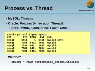 www.fromdual.com
13 / 28
Prozess vs. Thread
● MySQL: Threads
● Oracle: Prozess (+ neu auch Threads)
● RECO, PMON, SMON, DBW0, LGWR, ARC0, ...
● Welche?
SELECT * FROM performance_schema.threads;
shell> ps -eLf | grep mysqld
UID PID PPID LWP CMD
mysql 6411 1 6411 mysqld_safe
mysql 7081 6411 7081 mysqld
mysql 7081 6411 7083 mysqld
mysql 7081 6411 7084 mysqld
mysql 7081 6411 7085 mysqld
 