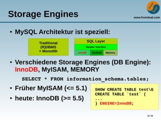 www.fromdual.com
18 / 28
Storage Engines
● MySQL Architektur ist speziell:
● Verschiedene Storage Engines (DB Engine):
InnoDB, MyISAM, MEMORY
SELECT * FROM information_schema.tables;
● Früher MyISAM (<= 5.1)
● heute: InnoDB (>= 5.5)
SQL Layer
Handler Interface
InnoDB MyISAM Memory
Traditional
(R)DBMS
= Monolith
SHOW CREATE TABLE testG
CREATE TABLE `test` (
...
) ENGINE=InnoDB;
 