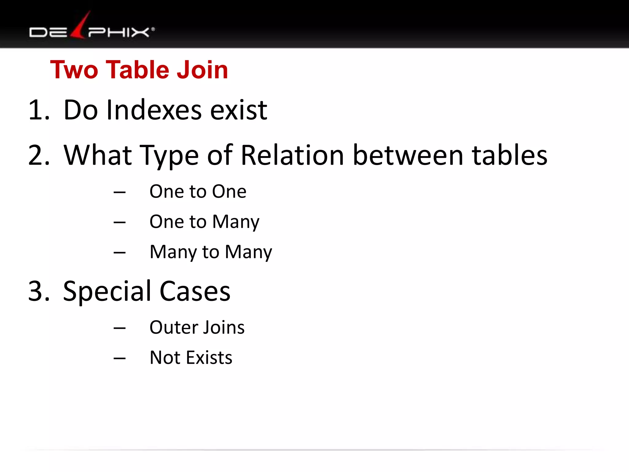 Two Table Join

1. Do Indexes exist
2. What Type of Relation between tables
–
–
–

One to One
One to Many
Many to Many

3. Special Cases
–
–

Outer Joins
Not Exists

 