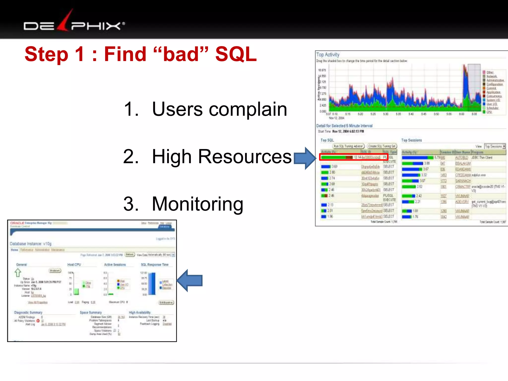 Step 1 : Find “bad” SQL
1. Users complain
2. High Resources
3. Monitoring

 