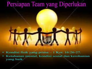 Persiapan Team yang Diperlukan
• Kondisi fisik yang prima – 1 Kor. 16:26-27.
• Ketahanan mental, kondisi sosial dan
kerohanian yang baik.
 